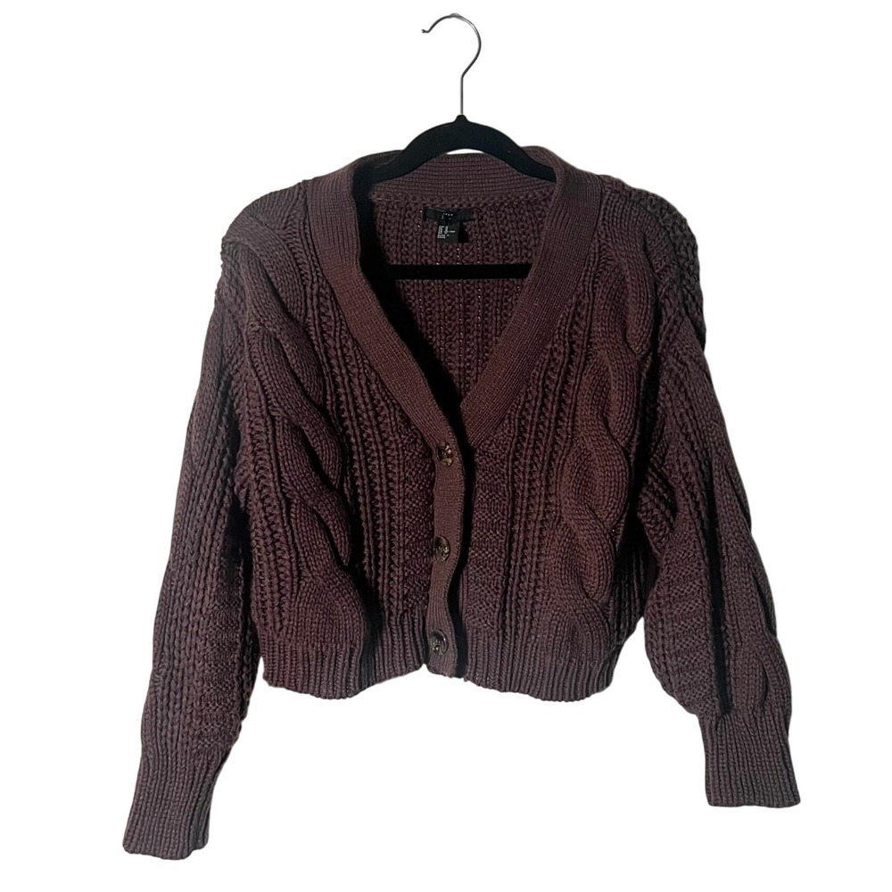 Brown Cable Knit Cardigan Sweater Medium Chunky Cozy Cottagecore